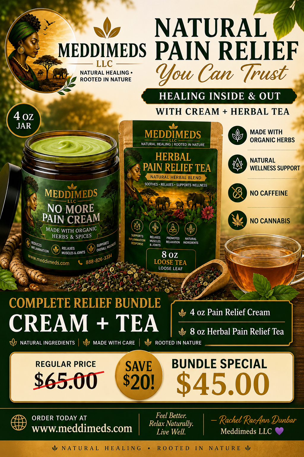 Meddimeds Natural Pain Cream and Healing Herbal Tea