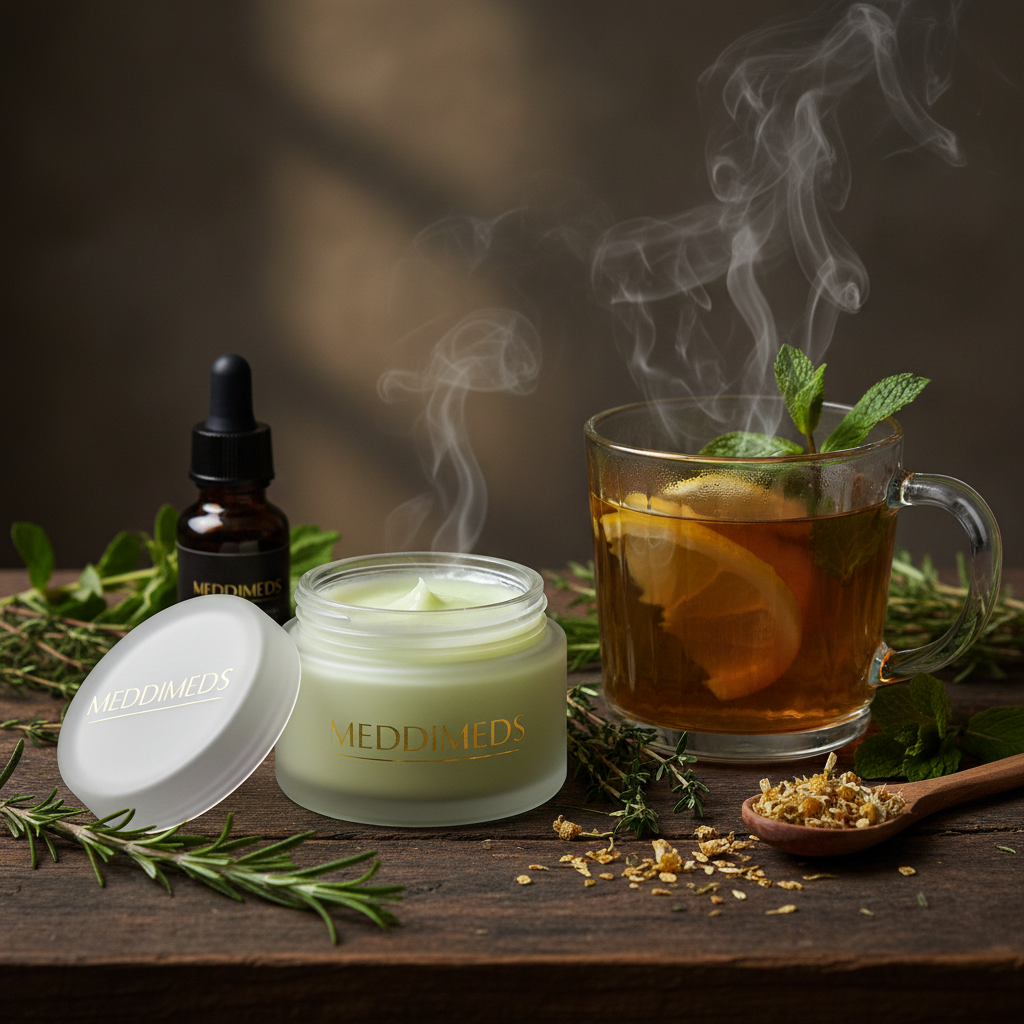 Close-up of MEDDIMEDS pain relief cream jar open beside a steaming glass mug of golden herbal tea with fresh herbs