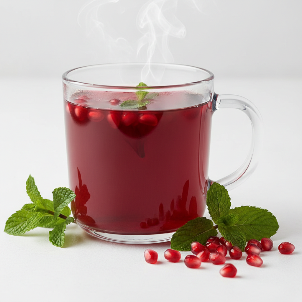 Hero shot of Ruby Mint Revival Tea in a clear glass mug with deep ruby red color and fresh pomegranate and mint beside it