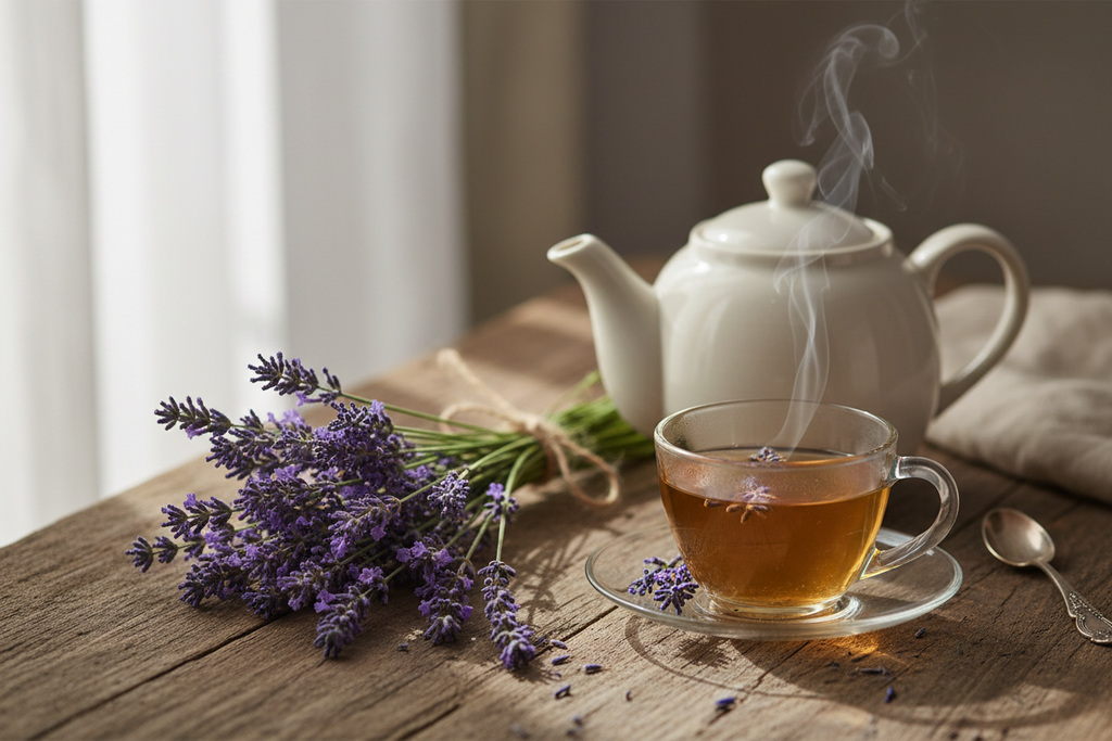 Lavender Bunch with Tea Kettle and Cup