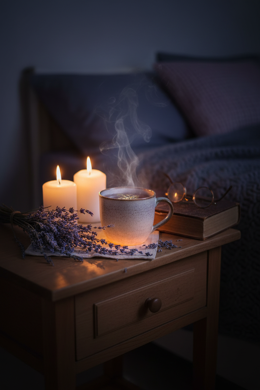 Lavender Tea Nighttime Bedside Scene